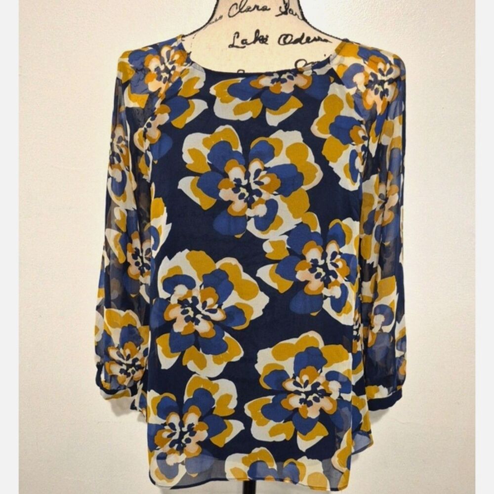 CAbi Lydia Blouse Small Navy Blue Mustard Floral Chiffon Sheer 3/4 Sleeve Top